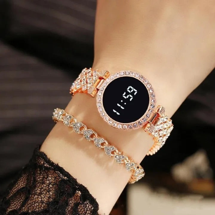 Luxury Crystal Diamond Digital Watch & Matching Bracelet Set