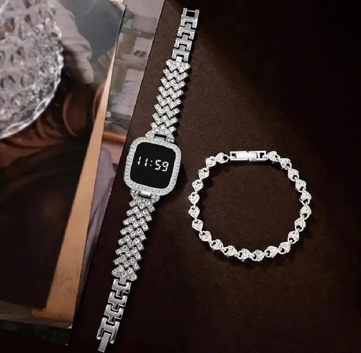 Luxury Crystal Diamond Digital Watch & Matching Bracelet Set