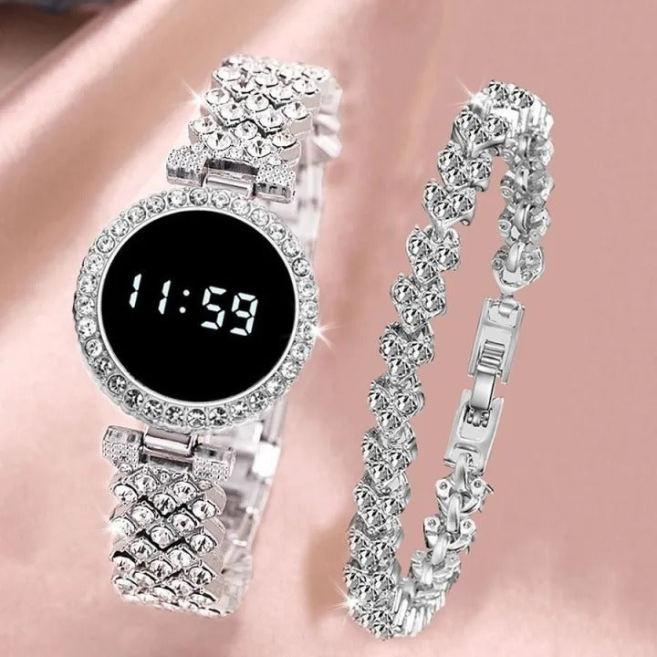Luxury Crystal Diamond Digital Watch & Matching Bracelet Set