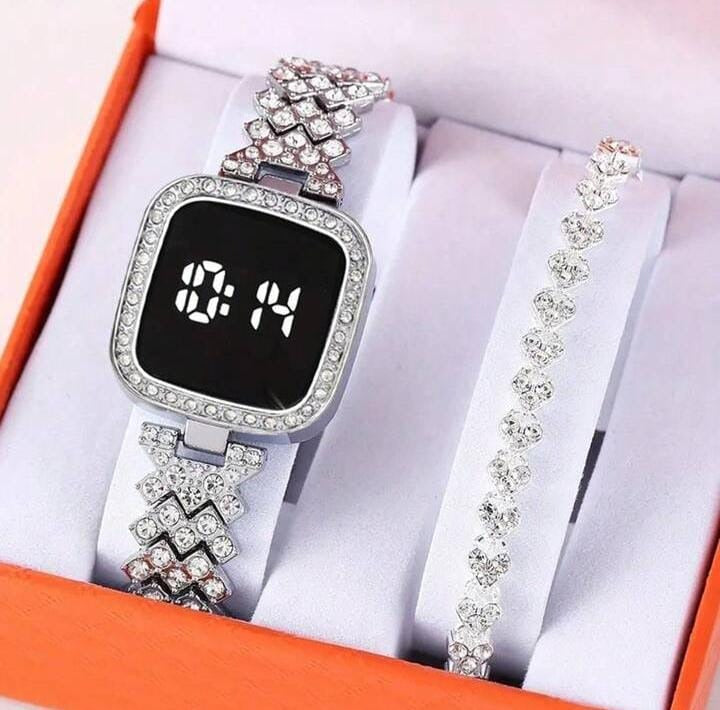 Luxury Crystal Diamond Digital Watch & Matching Bracelet Set